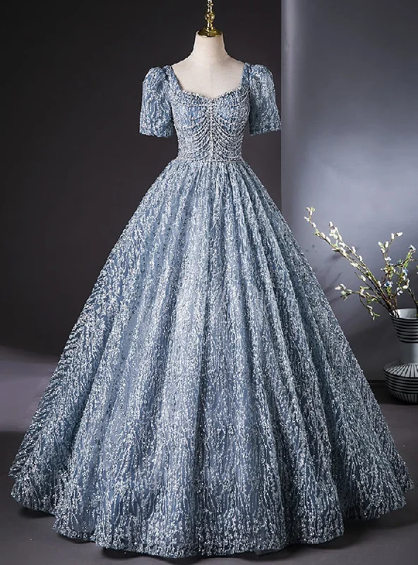 Short-Sleeve DressBlue Sequins Short Sleeve Beading Quinceanera Dress