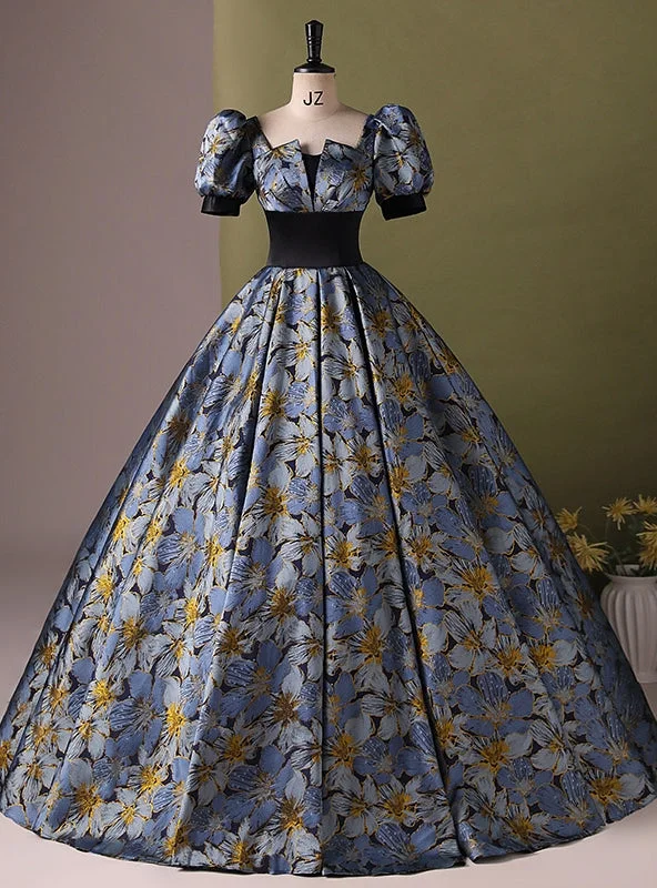 Cocktail DressBlue Print Short Sleeve Quinceanera Dress