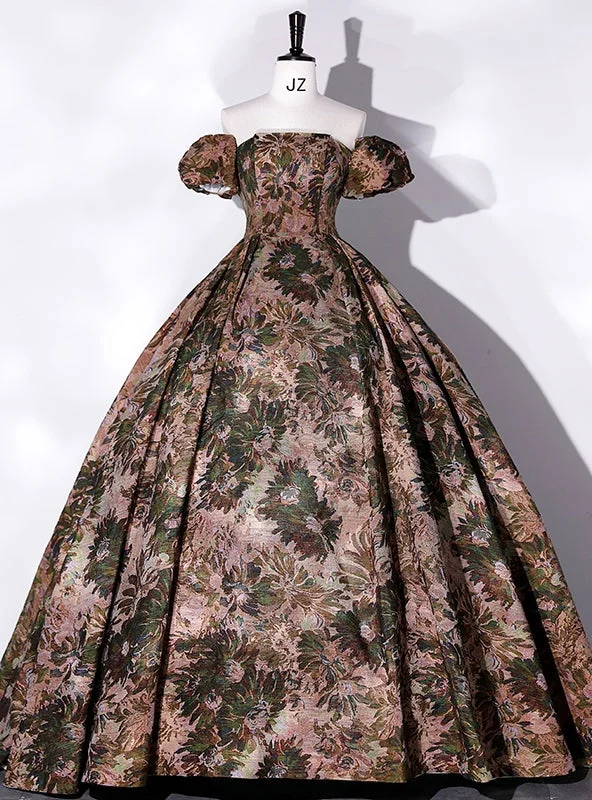 women's sustainable dressesBrown Print Strapless Quinceanera Dress Detachable Sleeve