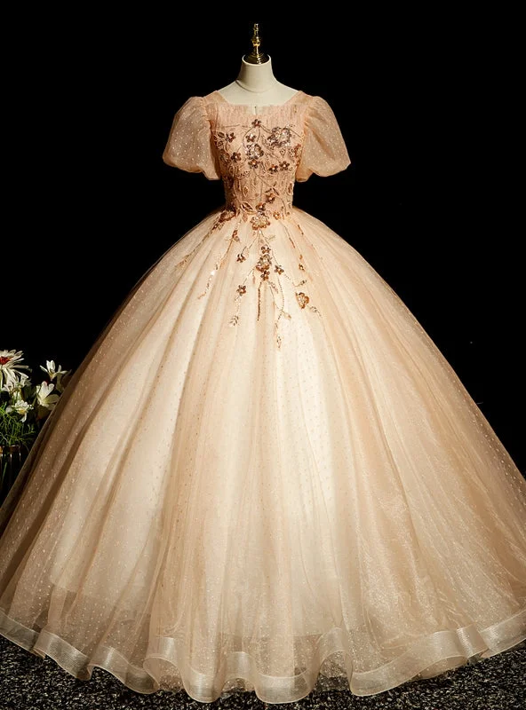 women's mother of the bride dressesChampagne Tulle Puff Sleeve Beading Quinceanera Dress