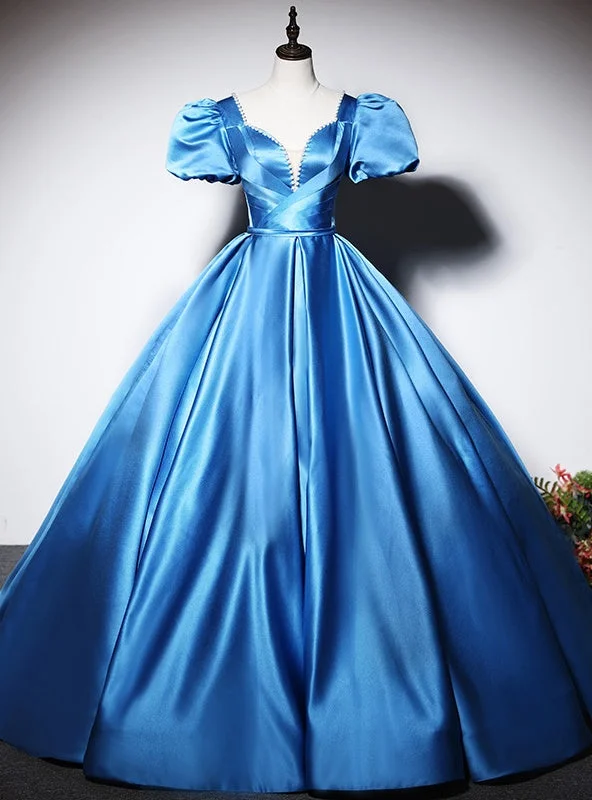 Trumpet DressBlue Satin Puff Sleeve Pearls Quinceanera Dress