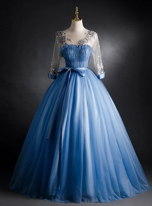 Body-Hugging DressBlue Tulle Pleats Appliques Long Sleeve Quinceanera Dress