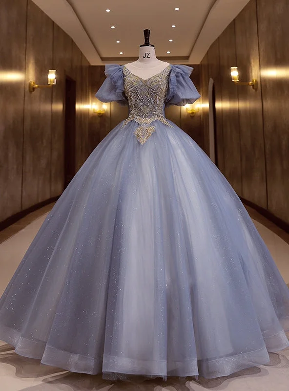 Ruffled Hem DressBlue Tulle Puff Sleeve Beading Pearls Quinceanera Dress