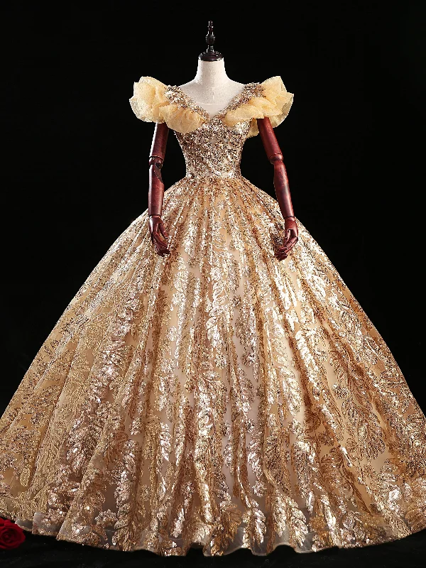 Plunging Neckline DressGold Ball Gown Sequins Scoop Neck Quinceanera Dress