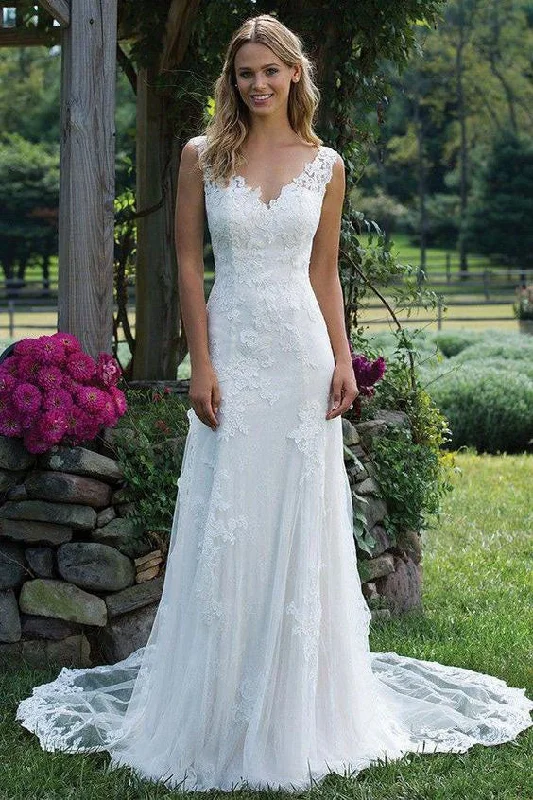 women's versatile dressesVintage V-Neck Sleeveless Tulle Lace Appliqued Wedding Dress Long Bridal Dress N1321
