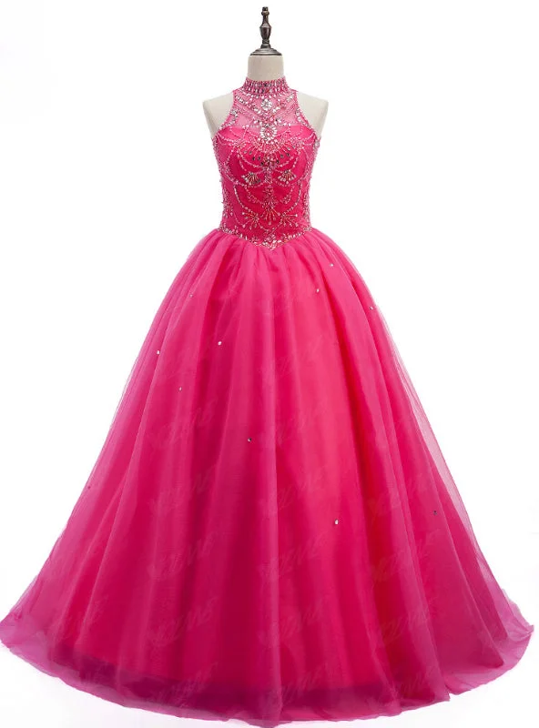 women's glam dressesCrystals Sweet 16 Dress Ball Gowns Halter Tulle Quinceanera Gown Dresses