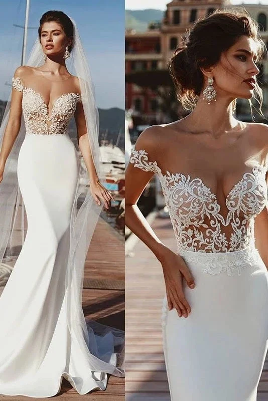 women's ruffle dressesMermaid Short Sleeves Sheer Neck Long Wedding Dresses Long Lace Appliques Bridal Dresses N2241