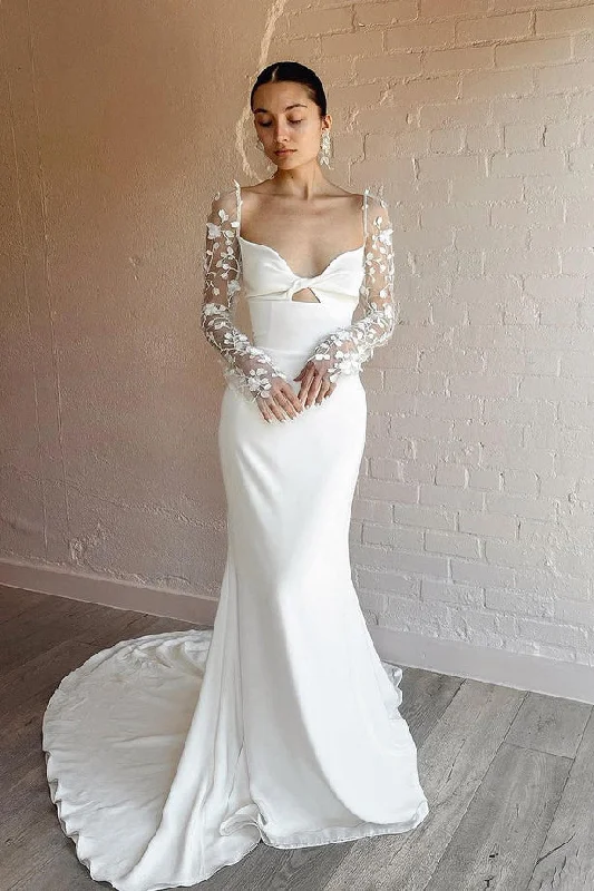 women's maxi dressesUnique Mermaid Sweetheart Long Lace Sleeves Wedding Dresses N072