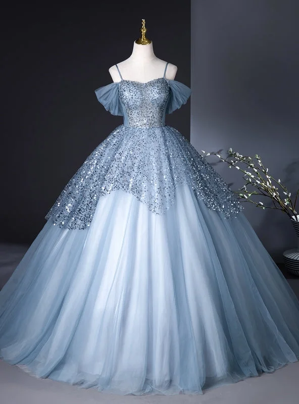 women's chiffon dressesBlue Tulle Sequins Spaghetti Straps Quinceanera Dress