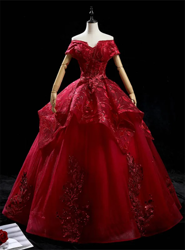 Cold-Shoulder DressBurgundy Tulle Sequins Appliques Beading Quinceanera Dress