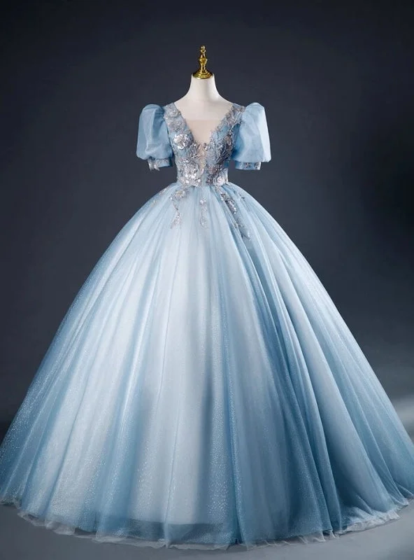 women's apple-shaped body dressesBlue Tulle V-neck Puff Sleeve Quinceanera Dress
