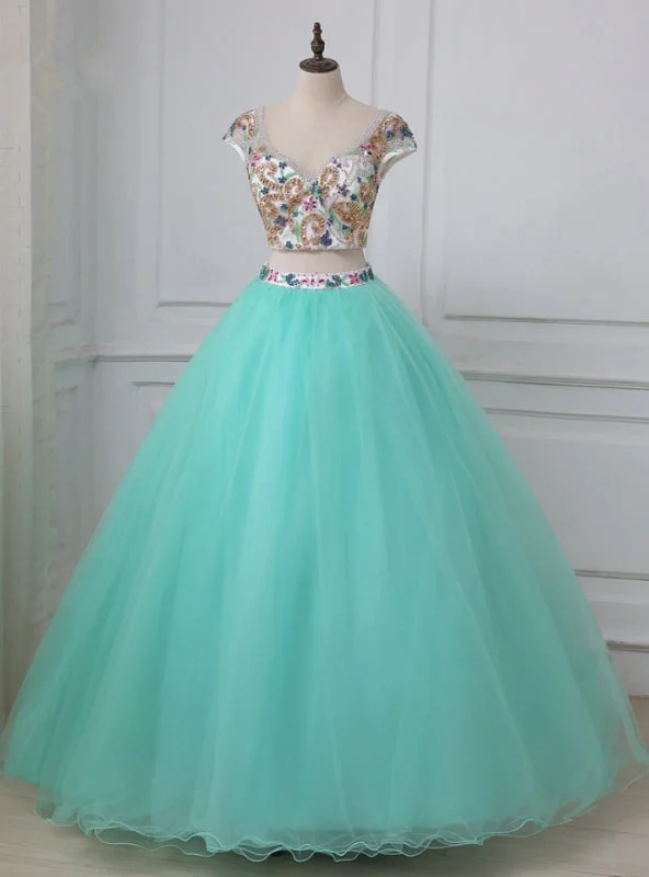 women's business casual dressesBlue Two Piece Tulle Backless Cap Sleeve Quinceanera Dress