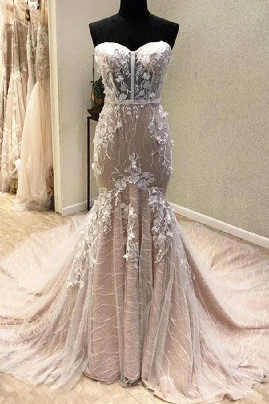 women's neon dressesGorgeous Sweetheart Mermaid Lace Appliqued Wedding Dresses Strapless Bridal Dresses N2532