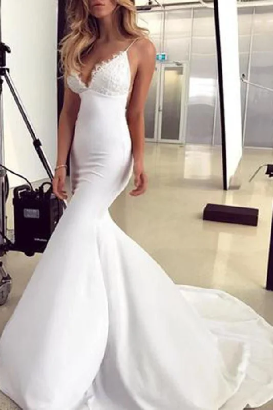 Peter Pan Collar DressSpaghetti Straps Mermaid Wedding Dresses with Lace Appliques Sexy Backless Bridal Dresses N2508
