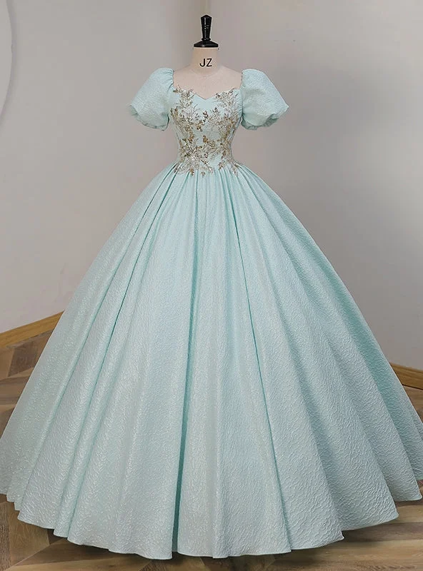 Ball Gown DressBlue Puff Sleeve Sequins Appliques Quinceanera Dress