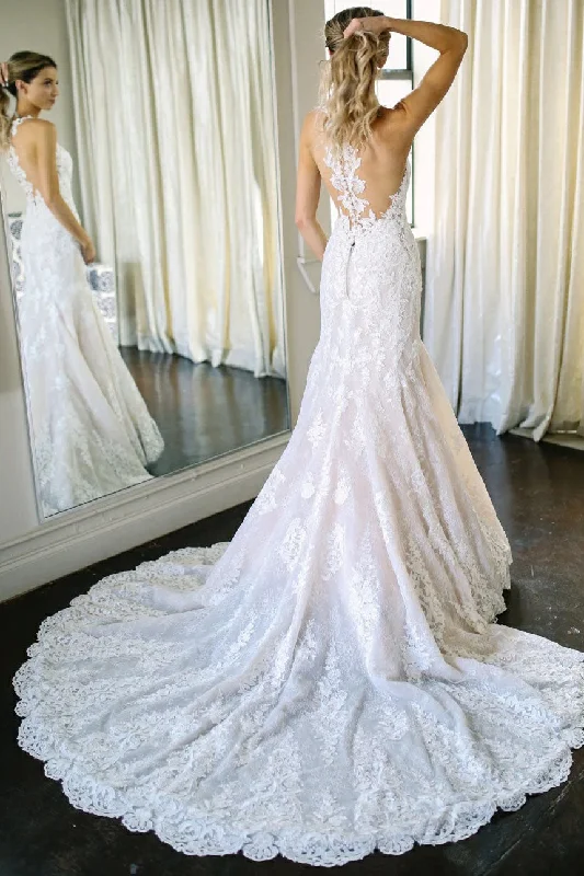 women's halter dressesMermaid Round Neck Sleeveless Lace Wedding Dresses with Appliques N2496