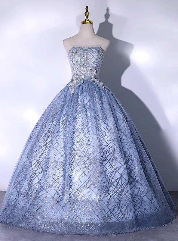 Bell-Sleeve DressBlue Sequins Strapless Appliques Quinceanera Dress