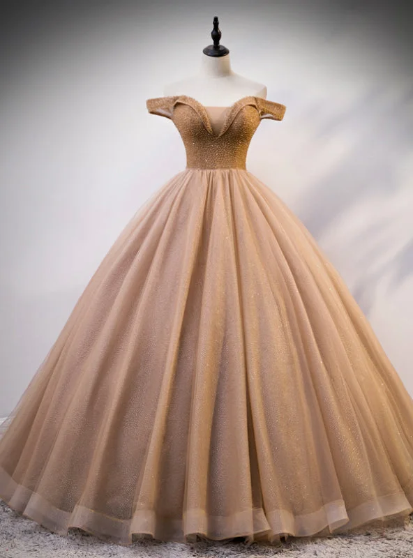 women's apple-shaped body dressesCoffee Color Ball Gown Off the Shoulder Tulle Beading Quinceanera Dress