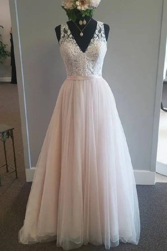 women's silk dressesLight Pink V-Neck Sleeveless Tulle Beach Wedding Dresses with Lace Applique A Line Bridal Dresses N2523