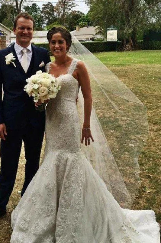 women's work dressesGorgeous Mermaid Straps Open Back Lace Wedding Dresses with Appliques N2418