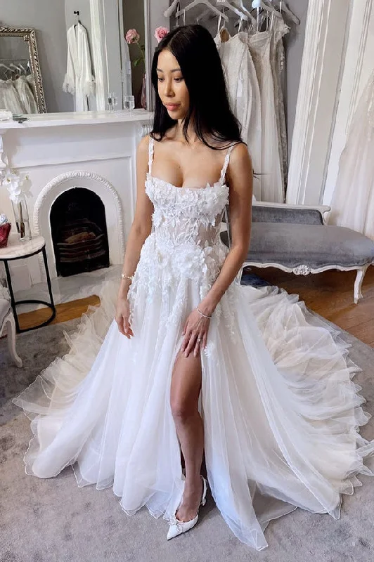 women's bridesmaid dressesA-line Straps Tulle Lace Appliques Wedding Dresses N074