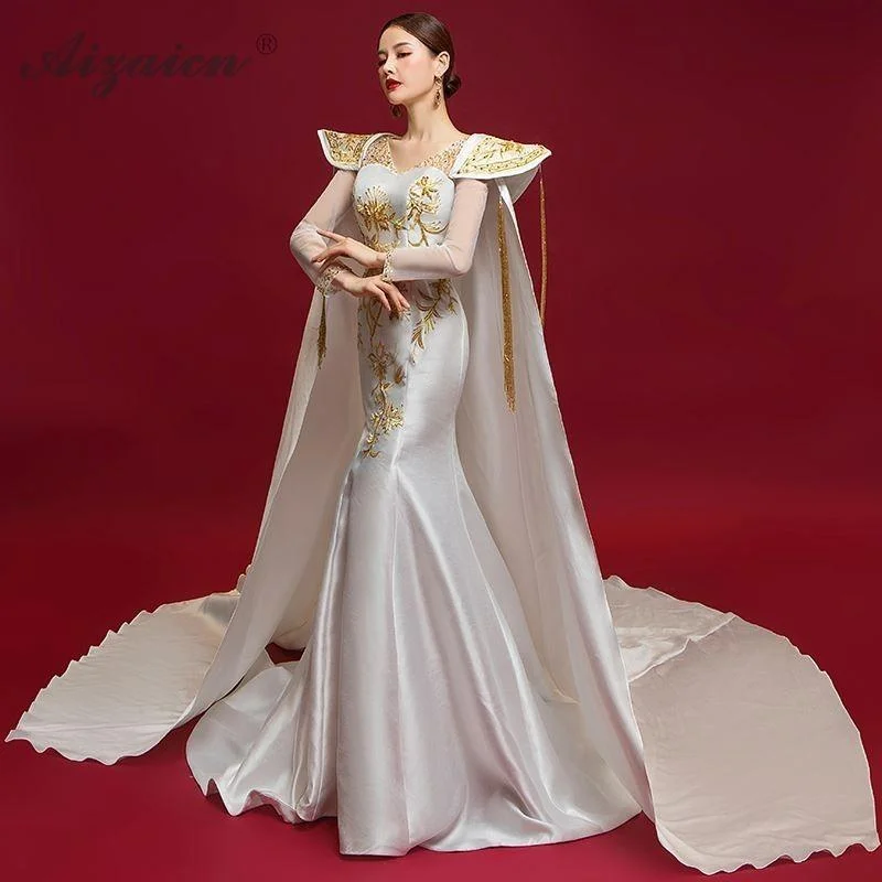 Velvet DressWhite Cheongsam Long Sleeve Shawl Trailing Dress Gown