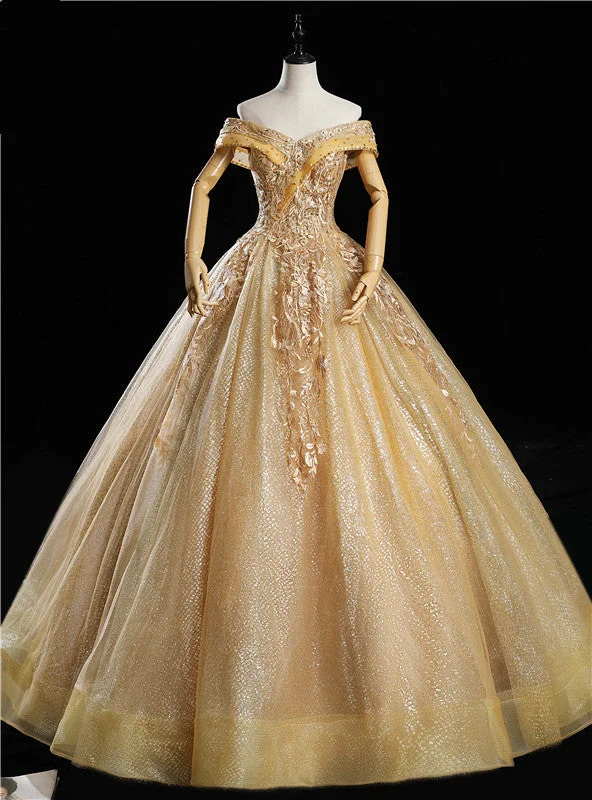 Casual Chic DressGold Tulle Off the Shoulder Appliques Beading Quinceanera Dress