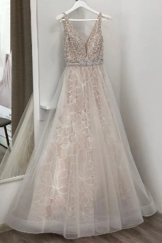 Minimalist DressDeep V-Neck Sleeveless A Line Lace Wedding Dresses with Beading Tulle Bridal Dresses N2681