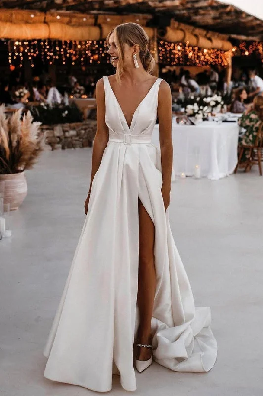 Chic DressA Line V-neck Satin Wedding Dresses with Slit N078