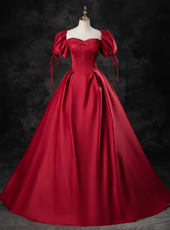women's unique dressesBurgundy Satin Puff Sleeve Strapless Quinceanera Dress