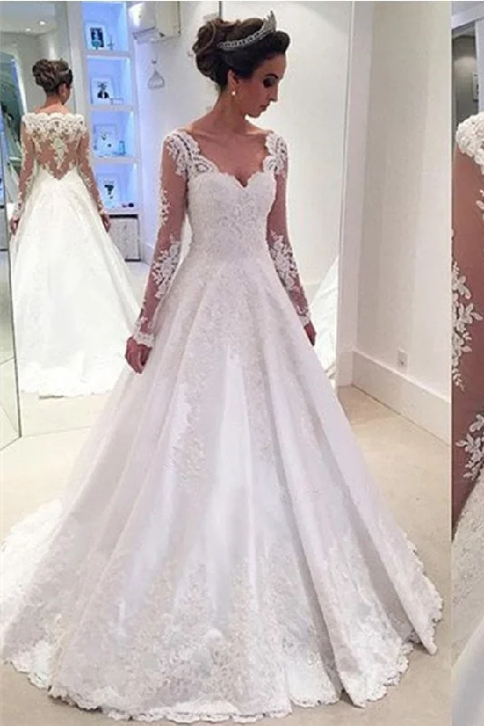 High-Low DressA Line Elegant V-Neck Long Sleeves Lace Appliques Wedding Dress