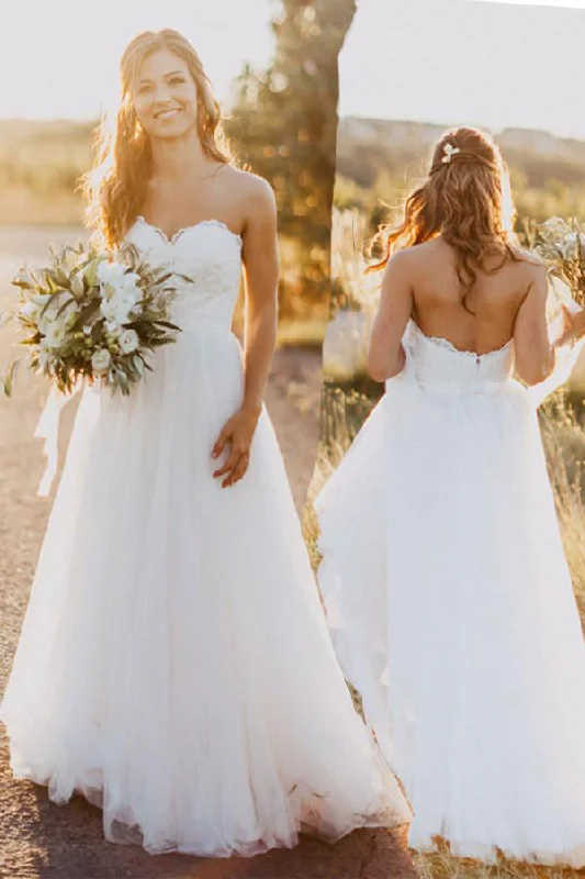 women's wrinkle-resistant dressesSexy Sweetheart White Tulle Backless Beach Wedding Dresses with Lace