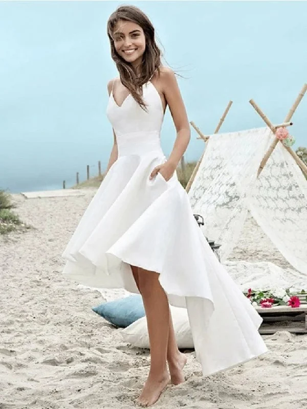 women's cocktail dressesV Neck High Low Beach Wedding Dresses, Backless Bridal Dress With Pockets OW508