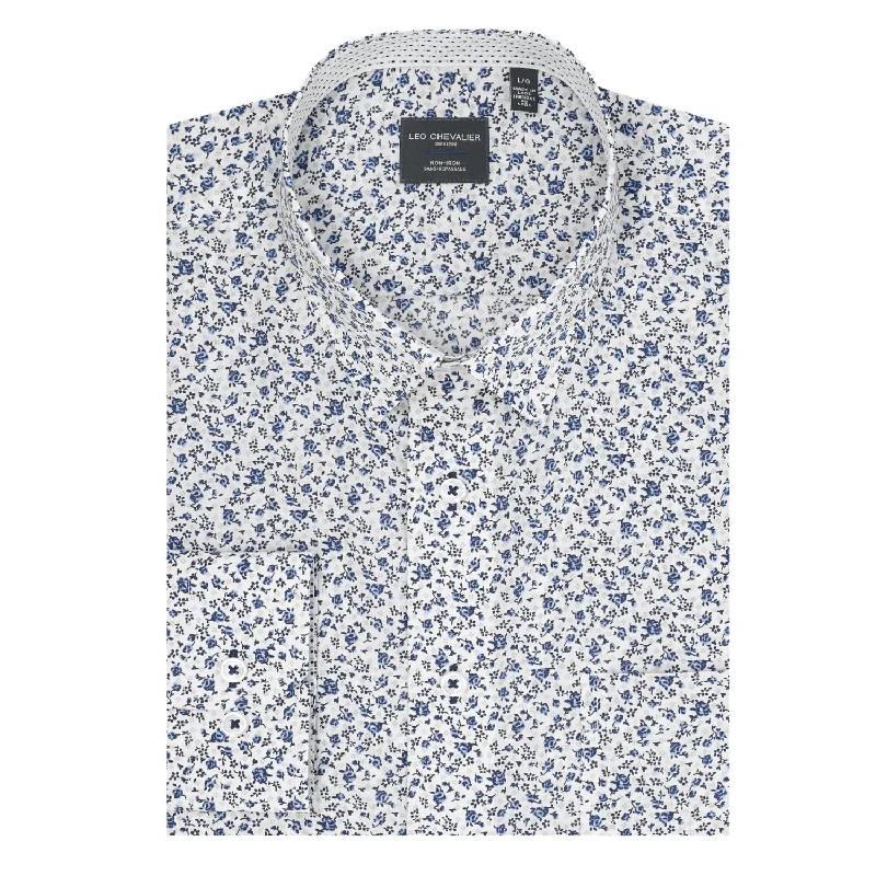 Men's Camping Shirts for Outdoor AdventuresBlue Flower Print No-Iron Cotton Sport Shirt with Hidden Button Down Collar (Size X-Large) by Leo Chevalier Men's Camping Shirts for Outdoor AdventuresBlue Flower Print No-Iron Cotton Sport Shirt with Hidden Button Down Collar (Size X-Large) by Leo Chevalier