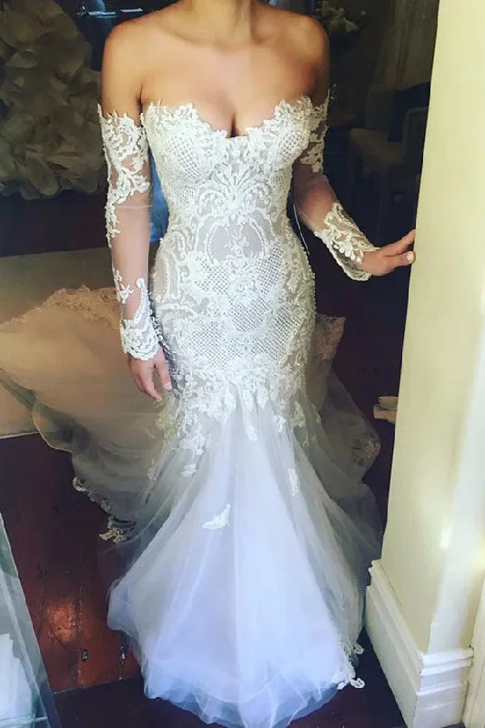 women's halter dressesMermaid Sweetheart Long Sleeves Court Train Tulle Wedding Dresses with Appliques N2502