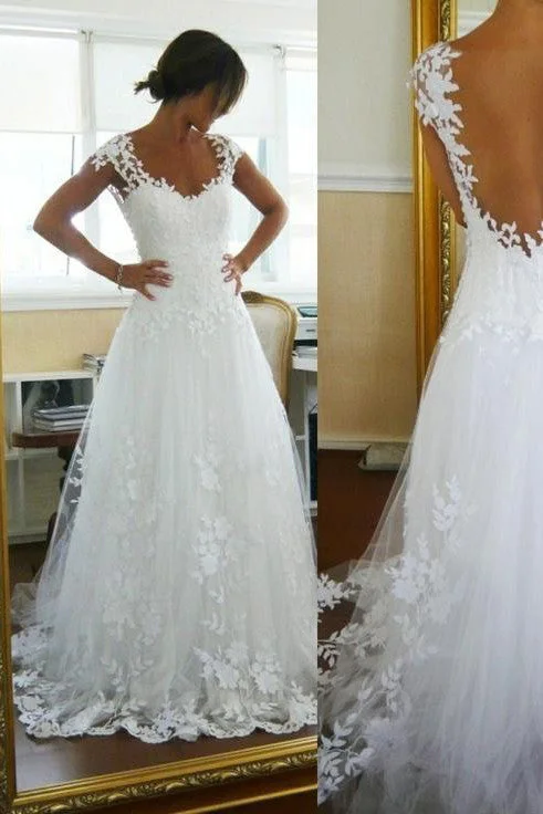 women's handmade dressesA Line Lace White Straps See-through Sleeveless Wedding Gowns N125