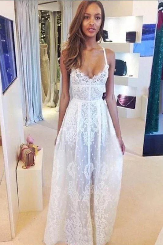 Prom DressBoho Spaghetti Straps V-Neck Lace Beach Wedding Dress N632