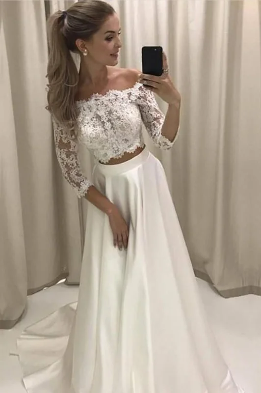 women's prom dressesTwo Pieces 3/4 Sleeve Off the Shoulder Lace Satin Beach Wedding Dress