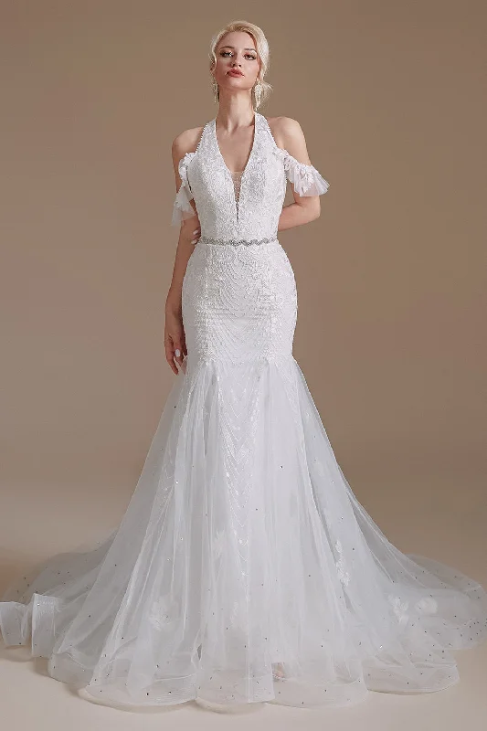 women's neon dressesGorgeous Mermaid Lace Off The Shoulder Tulle Wedding Dresses