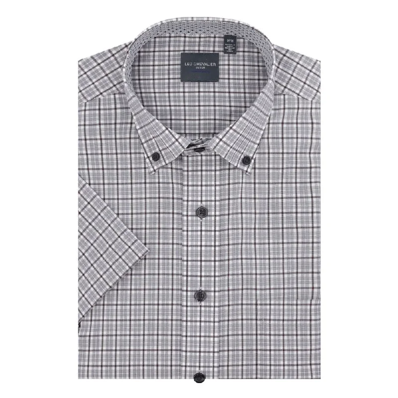 Men's Neutral-Tone Shirts for Versatile StylingGrey Plaid Short Sleeve No-Iron Cotton Sport Shirt with Button Down Collar by Leo Chevalier Men's Neutral-Tone Shirts for Versatile StylingGrey Plaid Short Sleeve No-Iron Cotton Sport Shirt with Button Down Collar by Leo Chevalier
