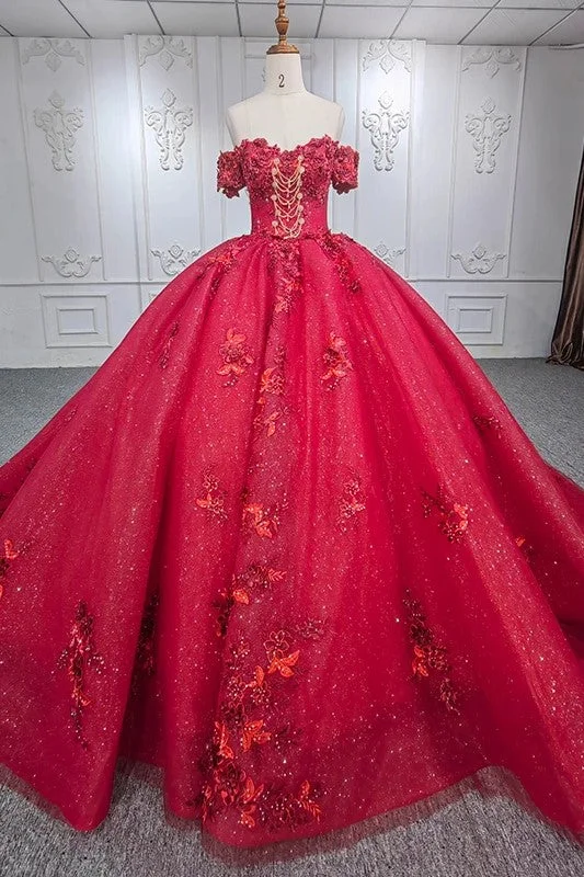 Formal DressGorgeous Red Strapless Ball Gown Appliques Lace Up Quinceanera Dresses