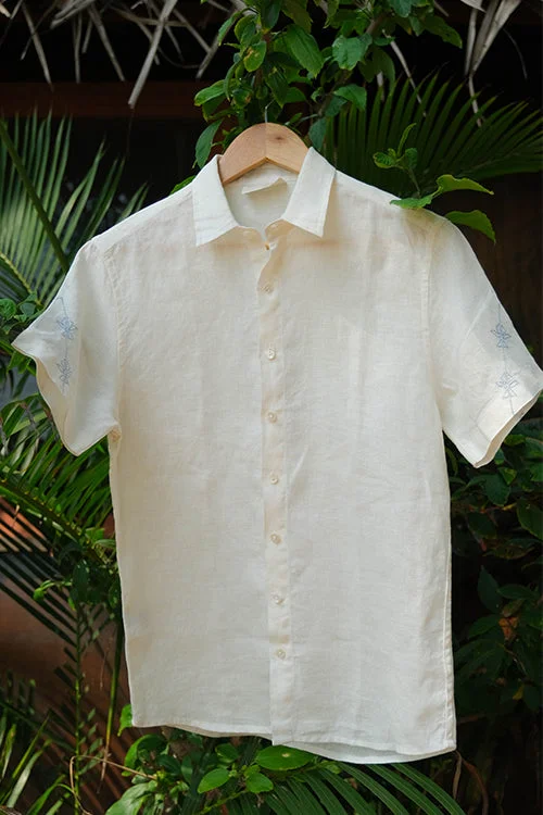 Men's Patterned Dress Casual Shirts for Smart-Casual EventsOkhai 'Reverence' Cotton Linen Blend Hand Embroidered Half Sleeves Shirt