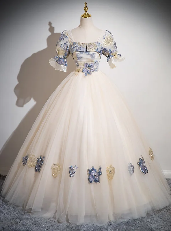 women's long-sleeved dressesChampagne Tulle Square Neck Short Sleeve Quinceanera Dress