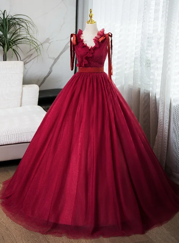 Satin DressBurgundy Tulle V-neck Pleats Quinceanera Dress