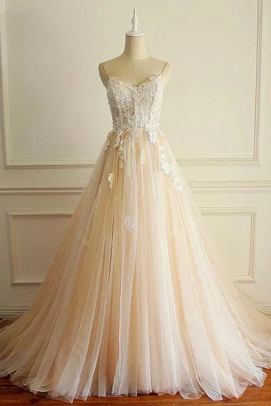 women's curve-hugging dressesSpaghetti Straps A Line Long Custom Wedding Bridal Dresses Lace Applique Bridal Dresses N2426