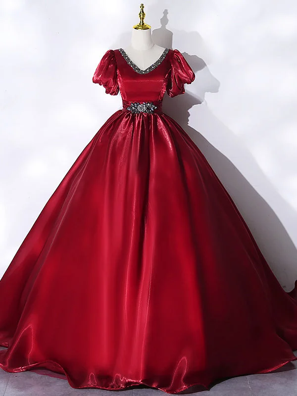 women's handmade dressesBurgundy Organza V-neck Puff Sleeve Beading Quinceanera Dress