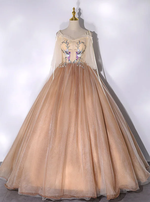 women's bell-sleeved dressesChampagne Tulle Straps Appliques Quinceanera Dress