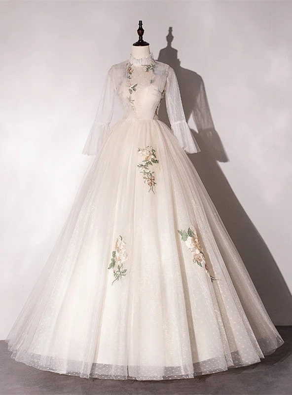 Minimalist DressChampagne Tulle Long Sleeve Appliques Quinceanera Dress