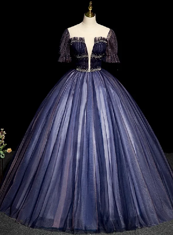 women's luxury dressesDark Blue Tulle Backless Beading Quinceanera Dress