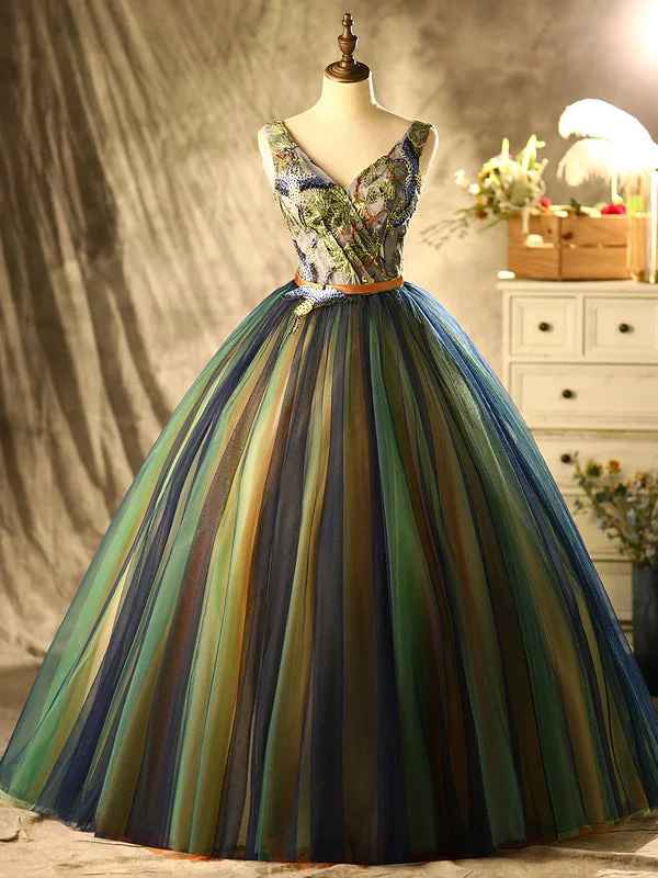 women's party dressesColorful Tulle V-neck Embroidery Quinceanera Dress
